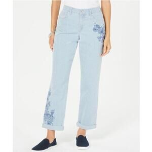 Style & Co Striped Embroidered Curvy-Fit Boyfriend Jeans